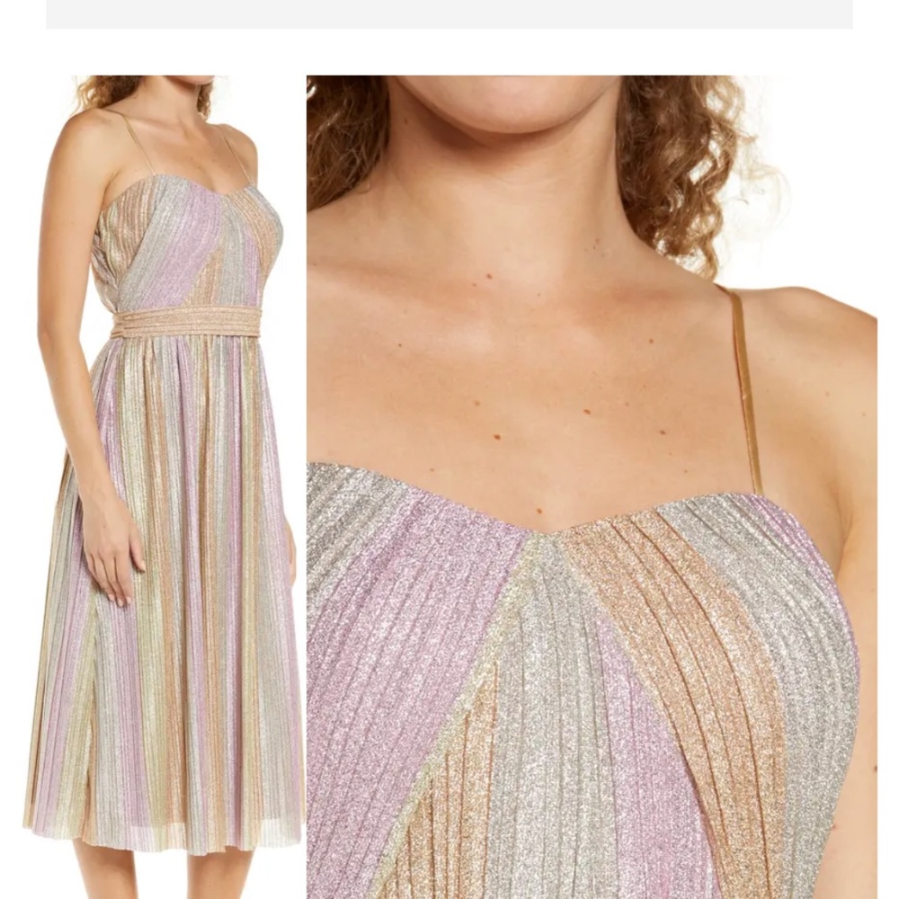 New with tags size 8 Metallic Rainbow Pleated Cocktail Dress In Pink Multi